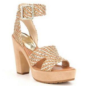 Sz 9.5 Donald J. Pliner Strappy Block Tan and Gold Heels